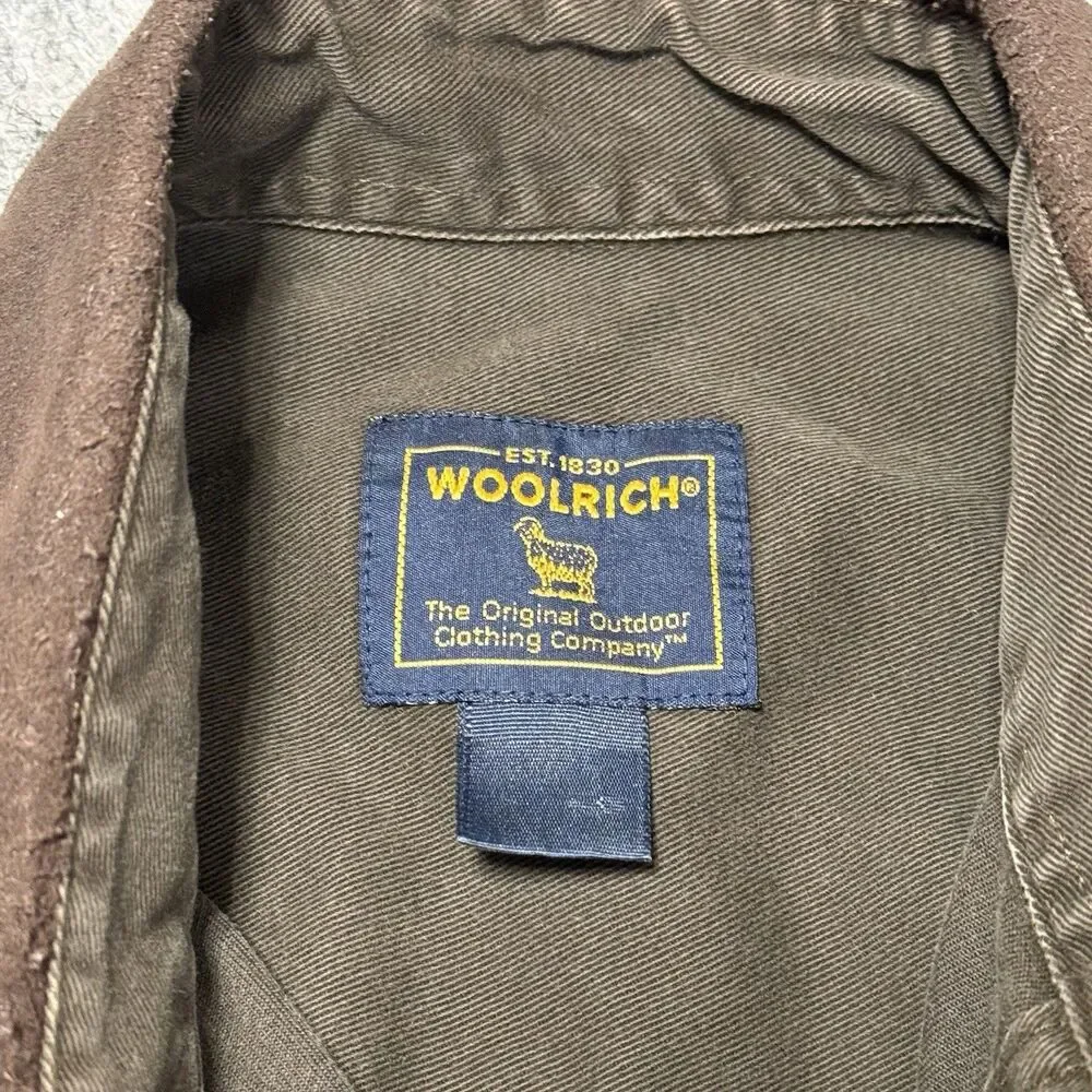 Vtg 90s Woolrich Canvas Chamois Shirt Jacket L Brown Twill Faux Suede Collar